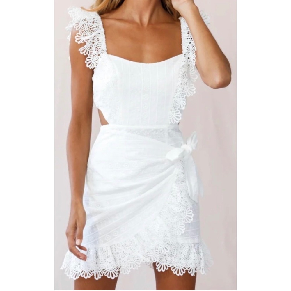 Ivory‎ White Lace Eyelet Wrap Mini Dress Cottagecore Coquette Boho Graduation Sm